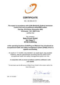 Certificate DIN ISO 45001:2018 Betz Chrom